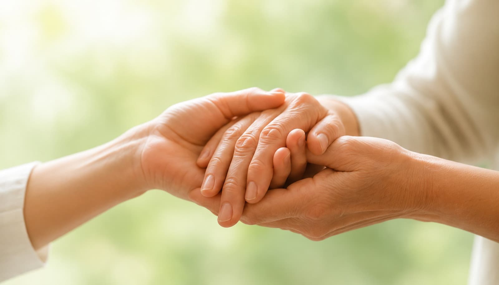 A caregiver gently holding an elderly patient's hand